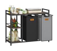 VASAGLE Panier à Linge, 2 Compartiments, Corbeille à Linge 100 L, Bac, roulettes, Chariot avec Étagères, Sac, Poches Amovibles, 6 Étiquettes, Marron, Noir d'encre et Gris Tourterelle BLH311B02