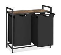 VASAGLE Panier à Linge, Corbeille à Linge Sale, Rangement 2 Compartiments, 2 Sacs Amovibles en Tissu Oxford, Étagère, Cadre en Métal, 2 x 46L, 73 x 33 x 72 cm, Marron Rustique et Noir BLH201B01