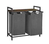 VASAGLE Panier à Linge 2 Compartiments, Corbeille à Linge Sale, 2 Sacs Amovibles en Tissu Oxford, Étagère, Cadre en Métal, 2 x 46 L, 73 x 33 x 72 cm, Gris Ardoise et Marron Rustique BLH201G01