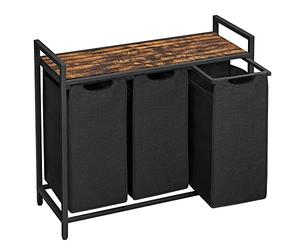 VASAGLE Panier à Linge 3 Compartiments, Corbeille à Linge Sale, 3 Sacs Amovibles en Tissu Oxford, Étagère, Cadre en Métal, 3 x 40 L, 92,5 x 33 x 72 cm, Noir d'Encre et Marron Rustique BLH301B01V1