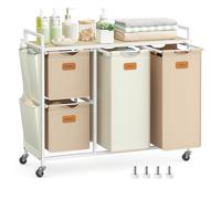 VASAGLE Panier à Linge, 4 Compartiments, Corbeille 150 L, Bac, Roulettes, Chariot avec Étagères, Sac, Poches Latérales, 6 Étiquettes, Beige Naturel, Marron Caramel et Blanc Crème BLH203N01