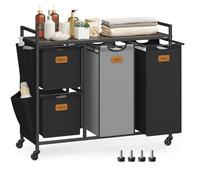 VASAGLE Panier à Linge, 4 Compartiments, Corbeille 150 L, Bac, Roulettes, Chariot avec Étagères, Sac, Poches Latérales, 6 Étiquettes, Marron Châtaigne, Noir d'Encre et Gris Tourterelle BLH203B01
