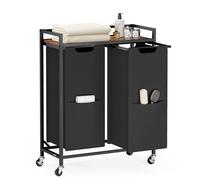 VASAGLE Panier à linge avec 2 compartiments, chariot à roulettes, étagère, sacs amovibles, poches, encre noire et marron rustique UBLH021B01 110 L