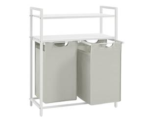 VASAGLE Panier à Linge, Corbeille à Linge Sale, Rangement 2 Compartiments, 2 Sacs Amovibles en Tissu Oxford, 2 Étagères, Cadre en Métal, 46L pour Chaque Sac, Blanc BLH211W01