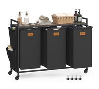VASAGLE Panier à Linge, Corbeille à Roulettes, Chariot avec Étagères, Sac, Poches Latérales, 6 Étiquettes, 3 Compartiments, 150 L, Noir d'Encre et Marron Cendré BLH223BH01