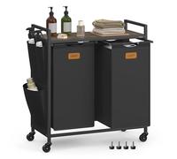 VASAGLE Panier à Linge, Corbeille à Roulettes, Chariot avec Étagères, Sac, Poches Latérales, 6 Étiquettes, 2 Compartiments, 100 L, Noir d'Encre et Marron Cendré BLH222BH01