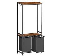 VASAGLE Panier à Linge Double, Corbeille Linge Sale, avec 2 Étagères de Rangement, Barre de Suspension, 2 Sacs Amovibles, 2 x 46 L, 73 x 33 x 177 cm, Marron Rustique et Noir Classique BLH231B02