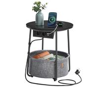 VASAGLE Petite Table Basse Ronde, avec Panier en Tissu et Multiprise