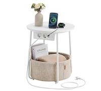 VASAGLE Petite Table Basse Ronde, Table d’Appoint avec Panier en Tissu et Multiprise, Rangement, pour Salon, Chambre, Style Moderne, Blanc Mat et Marron Camel LET228W02