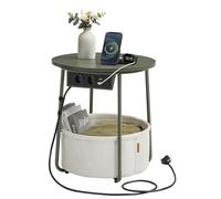 VASAGLE Petite Table Basse Ronde, Table d’Appoint avec Panier en Tissu et Multiprise, Rangement, pour Salon, Chambre, Style Moderne, Vert Forêt et Blanc Crème LET228C05