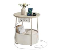 VASAGLE Petite Table Basse Ronde, Table d’Appoint avec Panier en Tissu et Multiprise, Rangement, pour Salon, Chambre, Style Moderne, Beige Naturel et Blanc Crème LET228LL01