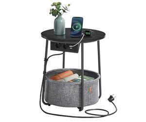 VASAGLE Petite Table Basse Ronde, Table d’Appoint avec Panier en Tissu et Multiprise, Rangement, pour Salon, Chambre, Style Moderne, Noir Boisé et Gris Ardoise LET228B02