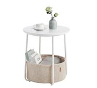 VASAGLE Petite Table Basse Ronde, Table d’Appoint avec Panier en Tissu, Rangement, pour Salon, Chambre, Style Moderne, Blanc Mat et Marron Camel LET223W10
