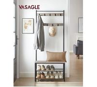VASAGLE Porte-Manteau avec Étagère à Chaussures, Meuble d’Entrée avec Banc, 3-en-1, Cadre en Acier, 32 x 70 x 175 cm, Grège et Noir