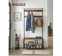 VASAGLE Porte-manteau avec Étagère à Chaussures, Meuble d’Entrée avec Banc, 3-en-1, Cadre en Acier, 32 x 85 x 175 cm, Marron et
