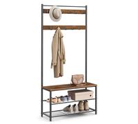 VASAGLE Porte-Manteau avec Étagère à Chaussures, Meuble d’Entrée avec Banc | 3-en-1, Cadre en Acier, 85 x 32 x 175 cm, Style Traditionnel basique, Marron Rustique et Noir Mat, Collection DACEY HSR401B01