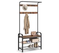 VASAGLE Porte-manteau avec Étagère à Chaussures, Meuble d’Entrée avec Banc, 4-en-1, 9 Crochets Amovibles, Vestiaire, 33,7 x 84 x 183 cm, Style Industriel, Marron Rustique et Noir HSR400B01