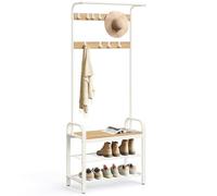 VASAGLE Porte-manteau avec Étagère à Chaussures, Meuble d’Entrée avec Banc, 4-en-1, 9 Crochets Amovibles, Vestiaire, 33,7 x 72 x 183 cm, Style Moderne, Couleur Boisée et Blanc HSR40W