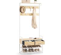 VASAGLE Porte-Manteau d’Entrée, Meuble d’Entrée avec 10 Crochets Amovibles, 2 Tiroirs, Design Séparable, 30 x 80,4 x 181,6 cm, Doré Chêne et Blanc Mat HSR429YA01