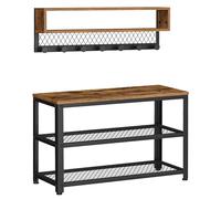 VASAGLE Porte-Manteau et Banc pour Chaussures, Meuble d'Entrée à 2 Étagères, Multifonctionnel, Crochets Arrondis pour Vêtements, Style Industriel, pour Entrée, Couloir, Marron Rustique LCR073K01