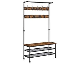 VASAGLE Porte-Manteau, Grand Meuble d’Entrée avec Banc, 9 Crochets, Range-Chaussures, Tringle, 41,5 x 100 x 182 cm, pour Couloir, Salon, Chambre, Marron Rustique et Noir HSR47BX