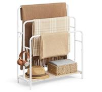 VASAGLE Porte Serviette Salle de Bain, Range Serviette, sur Pied, 3 Barres, 70 x 30 x 100 cm, 2 Crochets, Étagère de Rangement, Blanc Mat et Beige Naturel LLS019W01