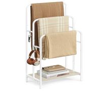 VASAGLE Porte Serviette Salle de Bain, sur Pied, 3 Barres, 2 Crochets | Range Serviette, Étagère de Rangement, 50 x 30 x 100 cm, Blanc Perle et Beige Naturel, Collection COLTEN LLS009W01