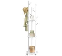 VASAGLE Portemanteau, avec 11 Crochets et 3 Étagères, 4 Roulettes Pivotantes à 360°, Mobile, Crochet et Poteau en Bois, pour Entrée, Chambre, Salon, Blanc Nuage RCR023W01