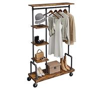 Portemanteau Mobile, Vestiaire sur roulettes, Meuble d'entrée, Portant à vêtements à 5 Niveaux, Structure Métallique, Marron Rustique