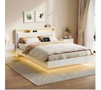 VASAGLE Structure de Lit Double 140 x 190 cm, Cadre Flottant avec Éclairage LED, Tête Haute, Multiprise, Style Moderne, Blanc Nuage
