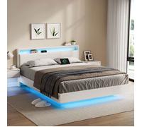 VASAGLE Structure de Lit Double, 160 x 200 cm, Lit Flottant, Lit avec Éclairage LED, Tête de Lit Haute, Multiprise, Blanc