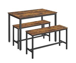 VASAGLE Table à Manger avec 2 Bancs, Ensemble de 3 Meubles, Table de Salle à Manger de 70 x 110 x 75 cm, 2 Bancs de 30 x 97 x 50 cm, Cadre en Acier, Marron Ruatique et Noir d'encre KDT070B01