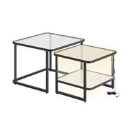 VASAGLE Table Basse, Lot de 2 Tables de Salon Gigognes avec LED, Table Basse Carrée Moderne, Verre Givré, Étagère Inférieure, pour Salon, Chambre, Bureau, Blanc Nuage et Noir d'encre LCT246B01