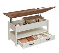 VASAGLE Table Basse Relevable, Vérin à Gaz, 2 Tiroirs et 3 Compartiments sous Le Plateau, 1 Compartiment Ouvert, pour Salon, Bureau, Salle à Manger, Marron Miel et Blanc Rustique LCT254W01