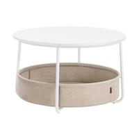 VASAGLE Table basse ronde d'appoint, panier en tissu, cadre en métal, blanc mat et marron camel