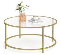 VASAGLE Table Basse Ronde Plateau en Verre Trempé, Armature Métallique Dorée, Bout de Canapé Robuste Doré
