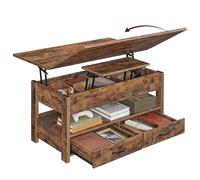 VASAGLE Table Basse, Table Basse Relevable, Vérin à Gaz, 2 Tiroirs et 3 Compartiments sous Le Plateau, 1 Compartiment Ouvert, pour Salon, Bureau, Salle à Manger, Marron Rustique LCT254K201