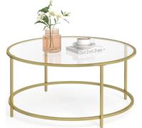VASAGLE Table basse, table basse ronde, 84 x 84 x 45,5 cm, table en verre avec structure métallique, verre trempé, table de chevet, table basse, pour balcon, or