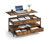 VASAGLE Table Basse, Table de Salon avec Plateau Relevable, Tiroirs de Rangement, avec Rangement Ouvert et Compartiment Caché, Marron Rustique et Noir d’Encre LCT209K01