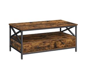 VASAGLE Table Basse, Table de Salon, Buffet Bas, avec 2 Tiroirs et Un Compartiment Ouvert, Cadre en Acier en Forme de X, 100 x 55 x 45 cm, Style Industriel, Marron Rustique et Noir LCT201B01