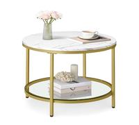 VASAGLE Table Basse, Table de Salon, Façon Marbre, Support en Verre Trempé, Facile à Assembler, Style Moderne, Blanc Marbré et Doré Clair LCT072W59