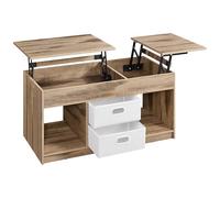 VASAGLE Table Basse, Table de Salon Relevable avec 2 Tiroirs et Compartiments Cachés, Compartiments Ouverts, pour Salon, Bureau à Domicile, Marron Camel et Blanc Nuage LCT210L01