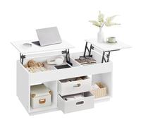 VASAGLE Table Basse, Table de Salon Relevable avec 2 Tiroirs et Compartiments Cachés, Compartiments Ouverts, pour Salon, Bureau à Domicile, Blanc Neige LCT210W01
