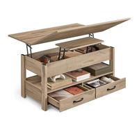 VASAGLE Table Basse, Table de Salon Relevable, Vérin à Gaz, 2 Tiroirs et 3 Compartiments sous Le Plateau, 1 Compartiment Ouvert, pour Salon, Bureau, Marron Camel LCT254L01