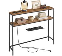 VASAGLE Table Console avec Prise, 2 Étagères, 100 x 20 x 80,9 cm | Bout de Canapé Étroit, pour Salon, Couloir, Entrée, Marron rustique et Noir mat, Collection BARNET LNT136KD01