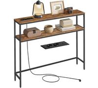 VASAGLE Table Console avec Prise, Bout de Canapé Étroit avec 2 Étagères, 20 x 100 x 80 cm, pour Salon, Couloir, Entrée, Marron Rustique et Noir d'Encre