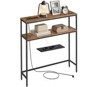 VASAGLE Table Console avec Prise, Bout de Canapé Étroit avec 2 Étagères, 20 x 80 x 80 cm, pour Salon, Couloir, Entrée, Marron Rustique et Noir d'encre LNT135KD01