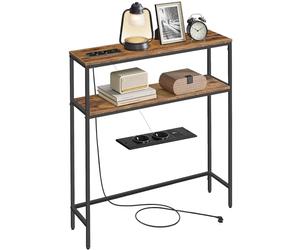 VASAGLE Table Console avec Prise, Bout de Canapé Étroit avec 2 Étagères, 20 x 80 x 80 cm, pour Salon, Couloir, Entrée, Marron Rustique et Noir d'encre LNT135KD01
