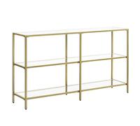 VASAGLE Table Console d’Entrée, Étagère à 3 Niveaux en Verre Trempé, 30 x 130 x 73 cm, Cadre en Métal, Style Moderne, pour Couloir, Salon, Chambre, Doré Métallique et Transparent LGT024A01