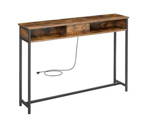 VASAGLE Table Console Fine avec Multiprise, Table de Canapé avec 2 Compartiments, Chargement Caché, Gain de Place, 25 x 120 x 81 cm, pour Entrée, Salon, Marron Rustique et Noir d’Encre LNT111K01
